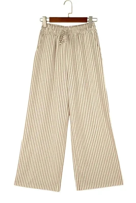 Wide Leg Pants Safari Chic: Khaki Stripe Drawstring Trousers