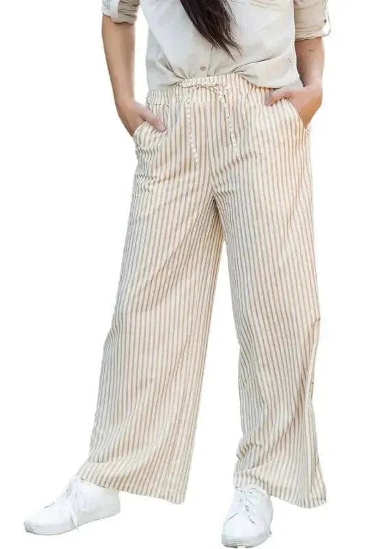 Wide Leg Pants Safari Chic: Khaki Stripe Drawstring Trousers