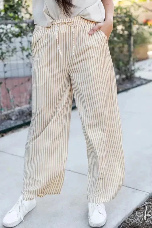 Wide Leg Pants Safari Chic: Khaki Stripe Drawstring Trousers