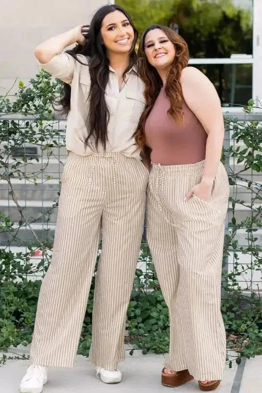 Wide Leg Pants Safari Chic: Khaki Stripe Drawstring Trousers
