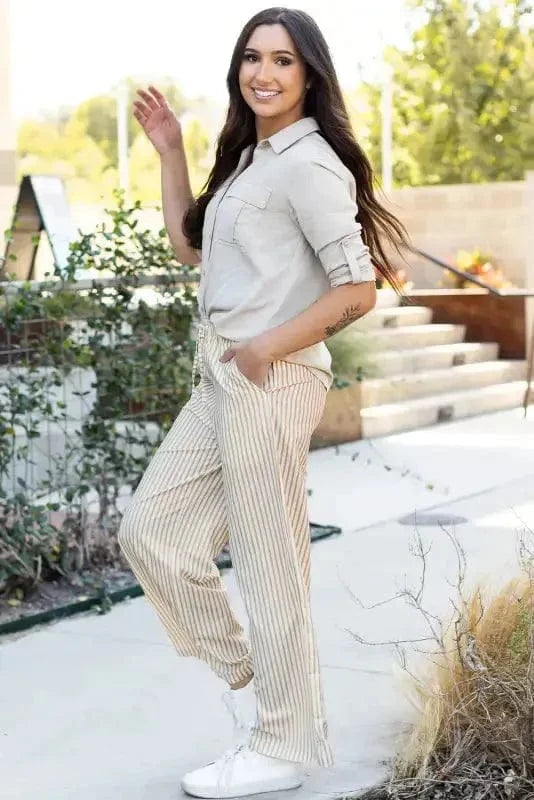 Wide Leg Pants Safari Chic: Khaki Stripe Drawstring Trousers