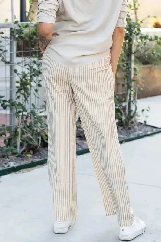 Wide Leg Pants Safari Chic: Khaki Stripe Drawstring Trousers
