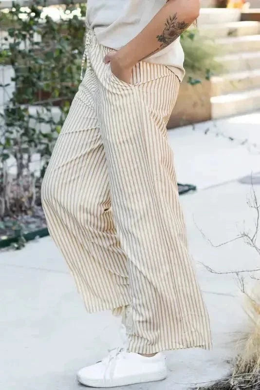 Wide Leg Pants Safari Chic: Khaki Stripe Drawstring Trousers
