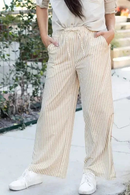 Wide Leg Pants Safari Chic: Khaki Stripe Drawstring Trousers