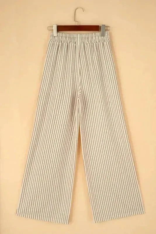 Wide Leg Pants Safari Chic: Khaki Stripe Drawstring Trousers