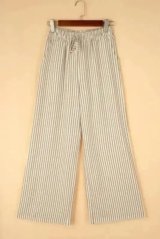 Wide Leg Pants Safari Chic: Khaki Stripe Drawstring Trousers