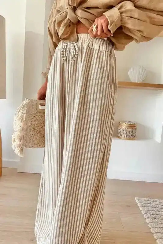 Wide Leg Pants Safari Chic: Khaki Stripe Drawstring Trousers