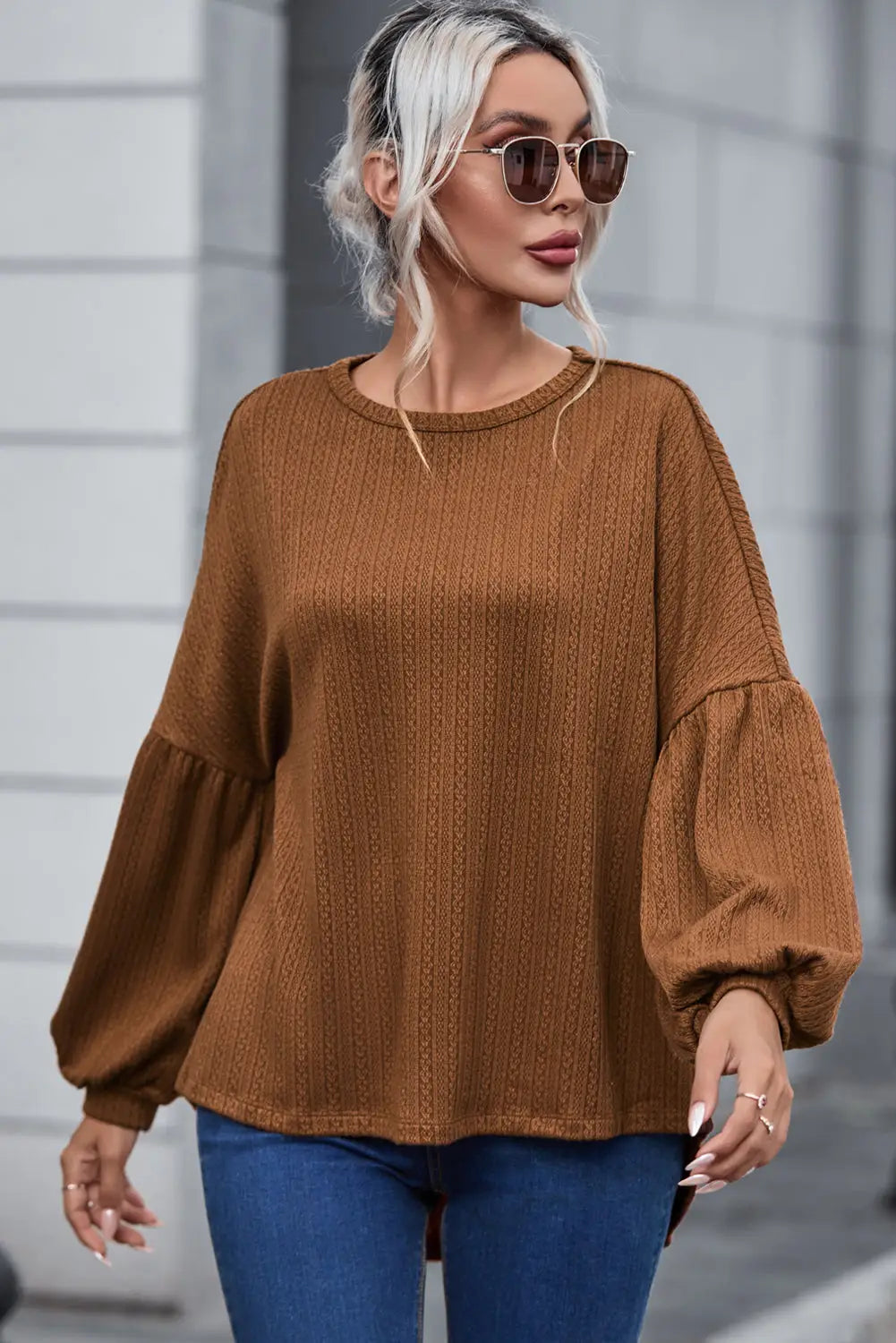 Faux knit jacquard puffy long sleeve top - tops