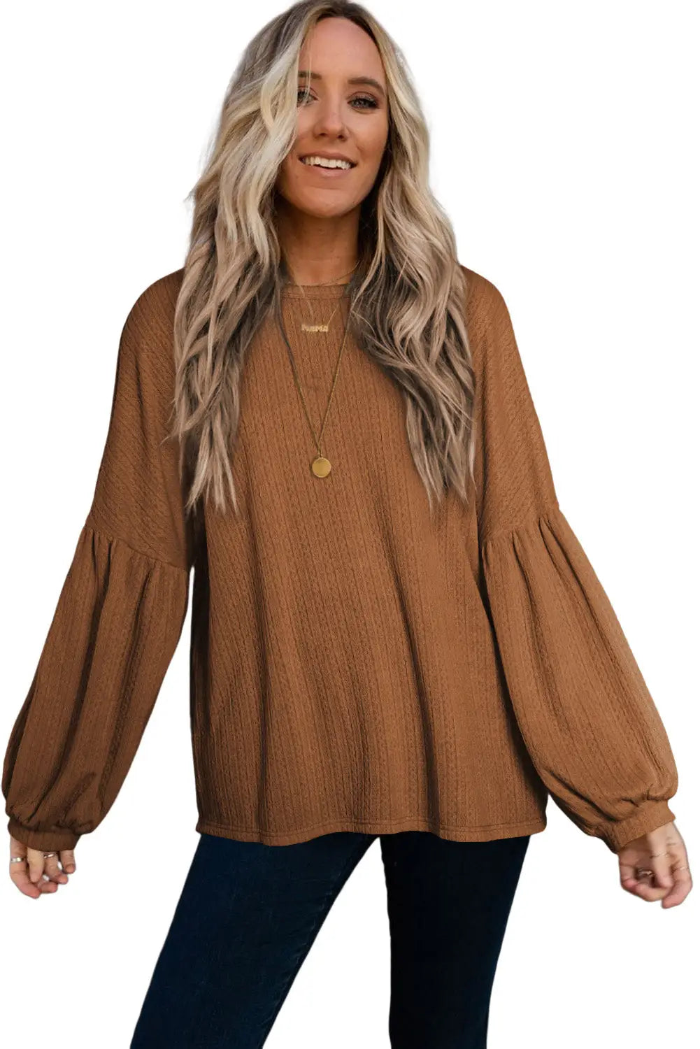 Faux knit jacquard puffy long sleeve top - tops