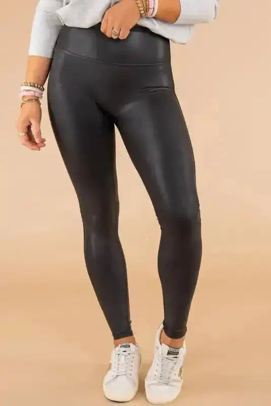 Black Faux Leather Skinny Leggings, Black / L / 70%Polyester+30%PU