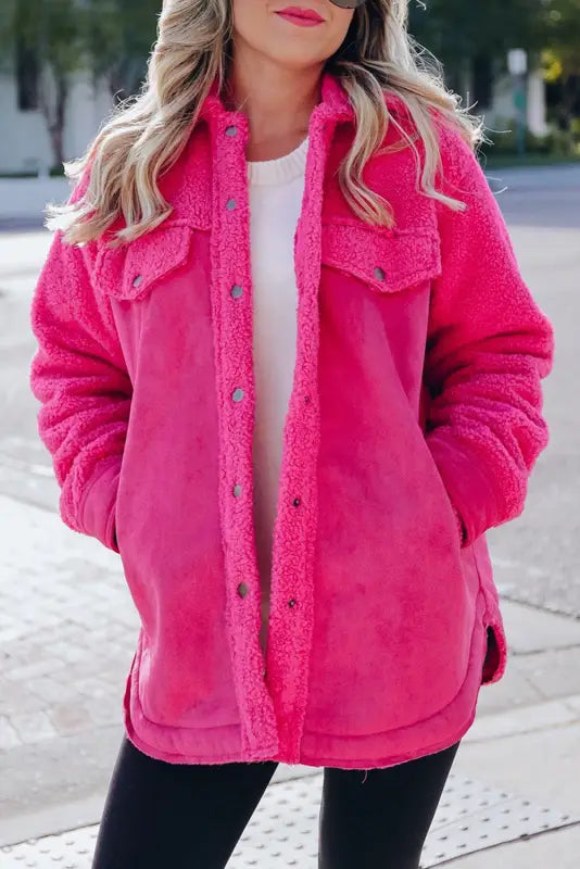 Faux suede sherpa shacket - button-up dark pink - s / 100% polyester - jackets