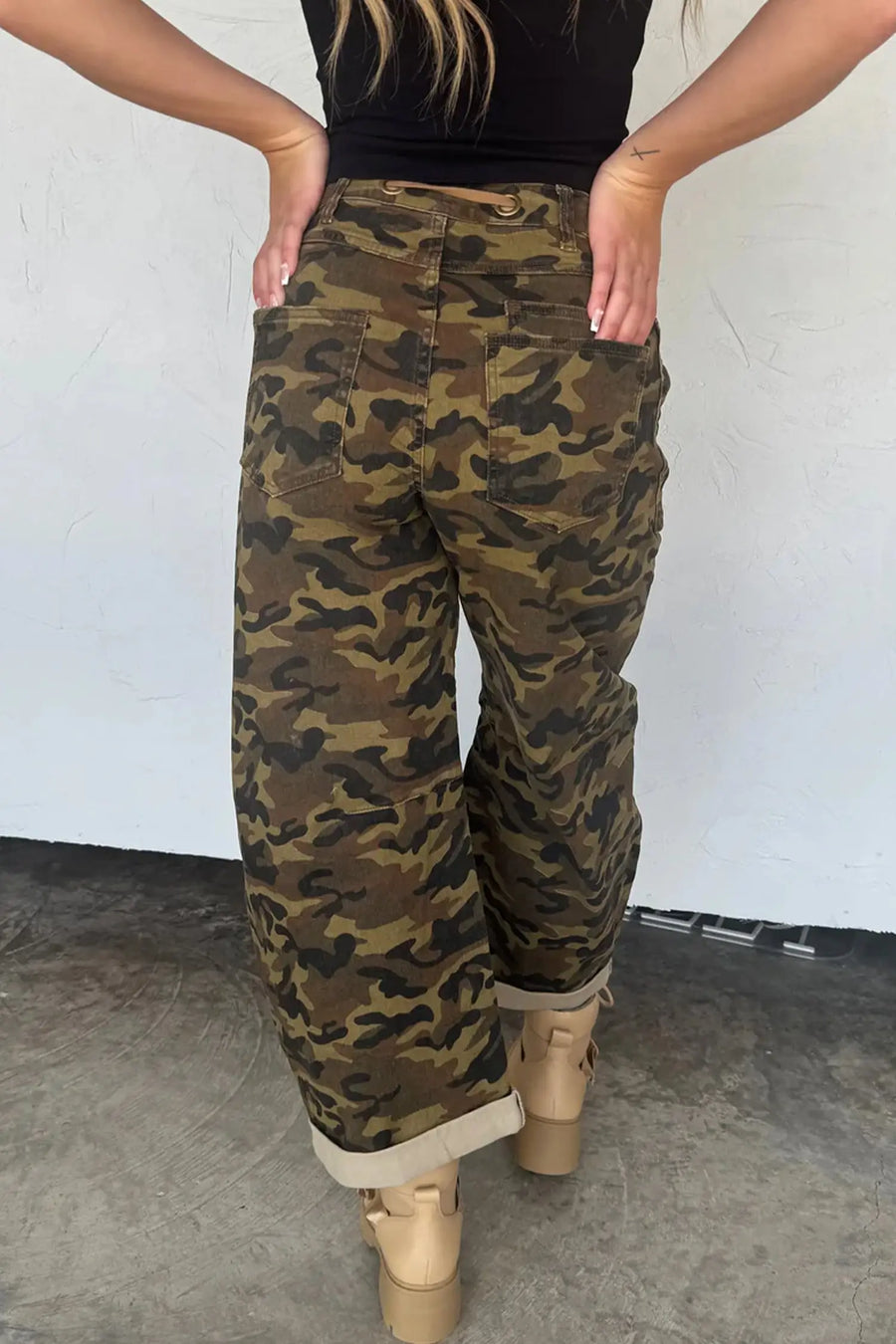 Multicolour Camouflage Print Retro Grommet Tie Waist Loose Jeans