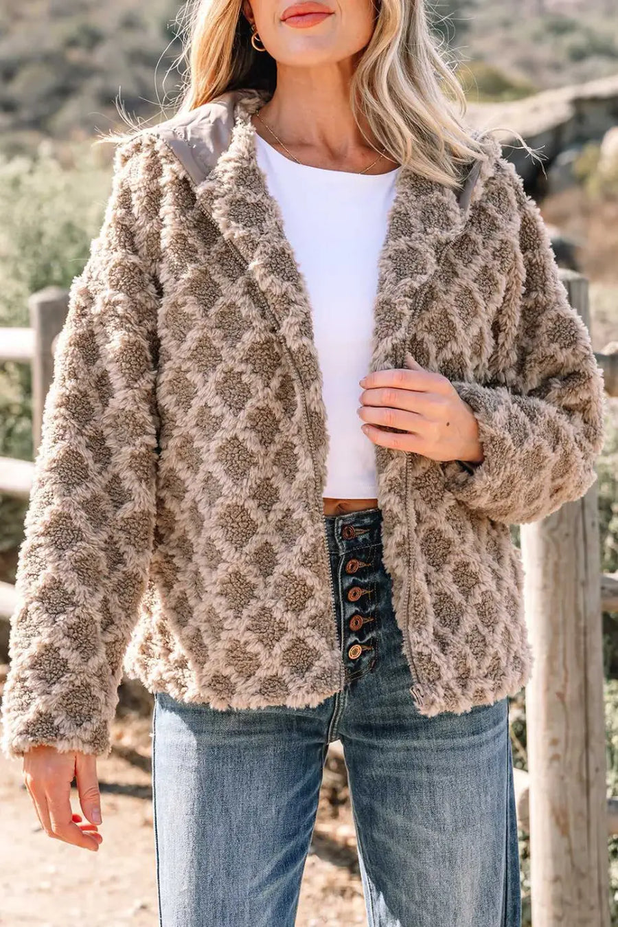 Camel sherpa fleece quilted hooded zip up jacket