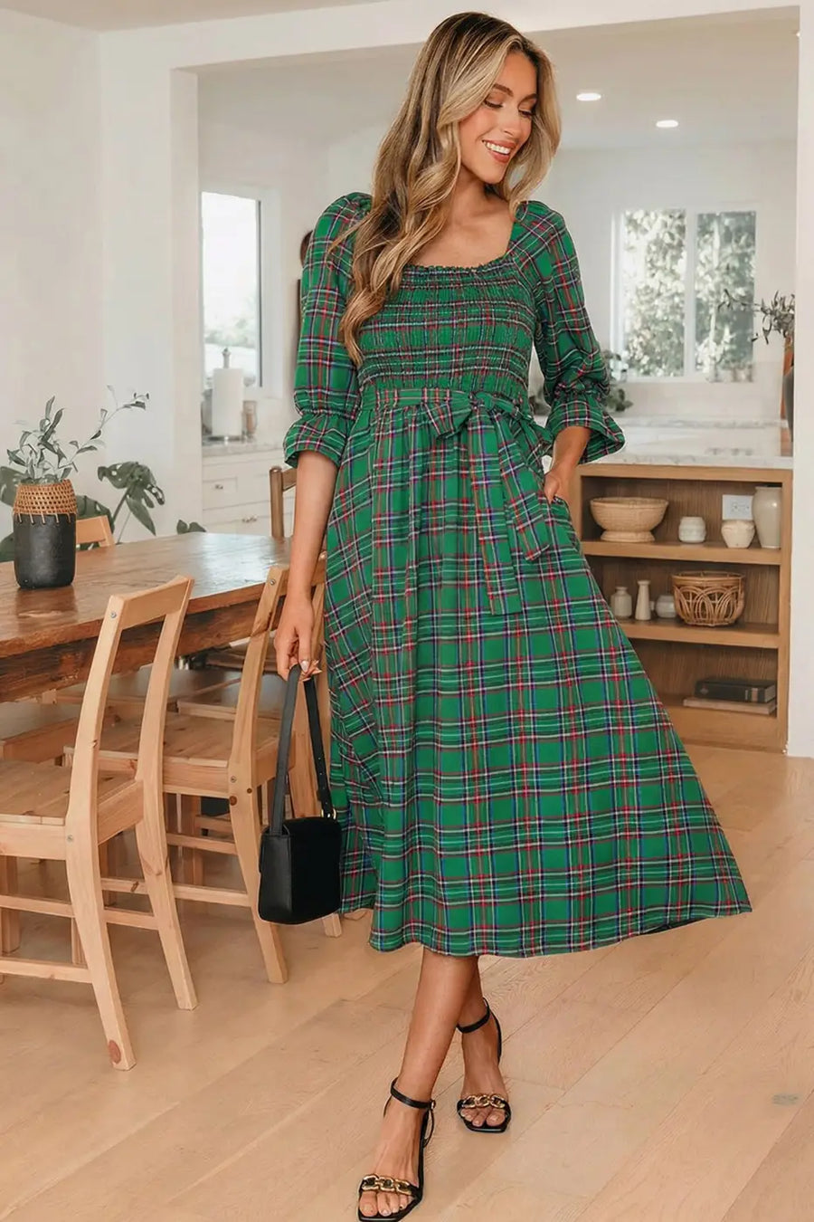 Red green tartan plaid flared midi dress dresses