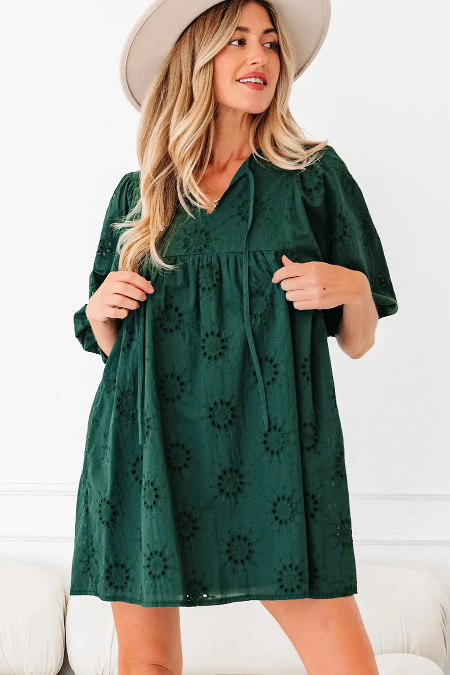 Blackish Green Embroidered Eyelet 3/4 Puff Sleeve Swing Mini Dress Women UK