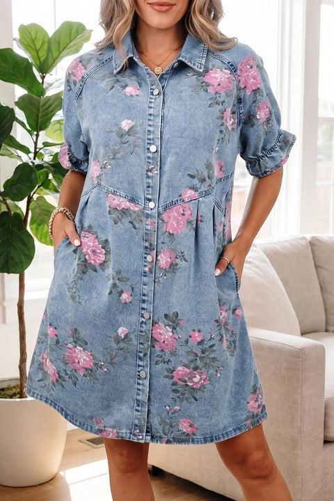 Floral print denim short sleeve button-down dress front view — Fashionfitz UK