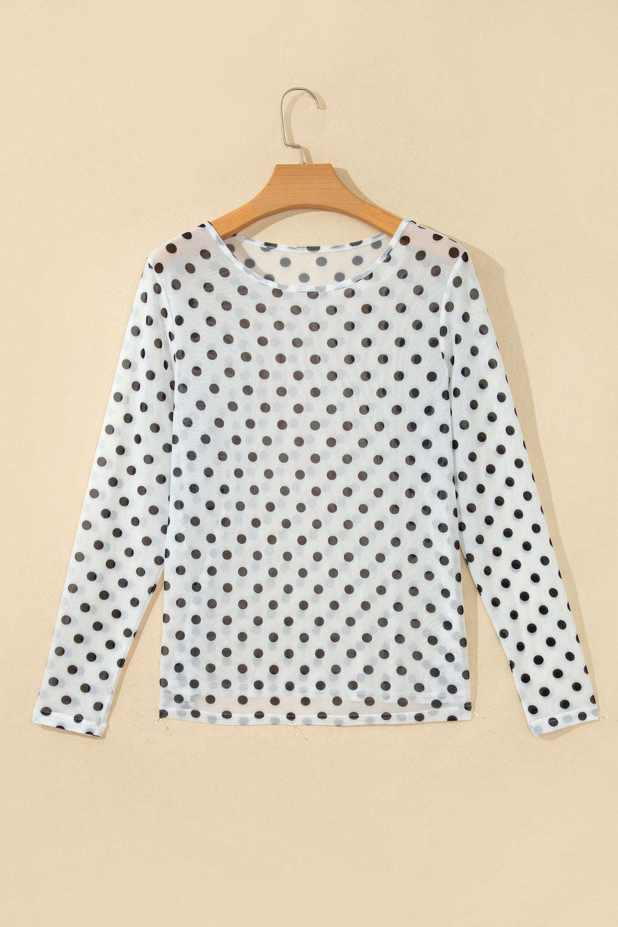 Polka Dot Sheer Mesh Long Sleeve Round Neck Top