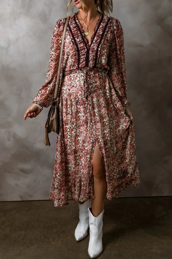 Brown Floral Split Front Tiered Frilled V Neck Midi Dress Women UK