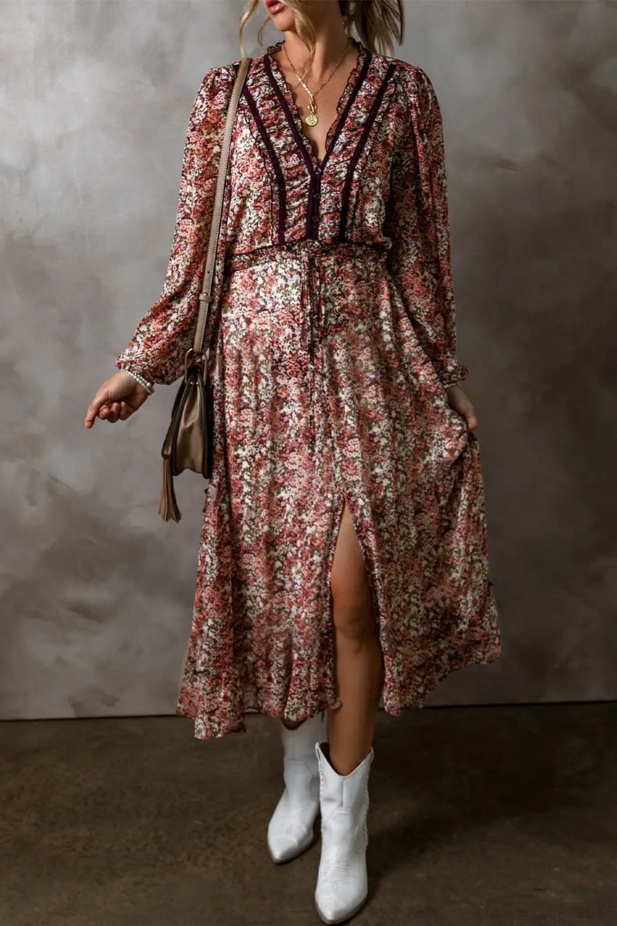 Brown Floral Split Front Tiered Frilled V Neck Midi Dress Women UK