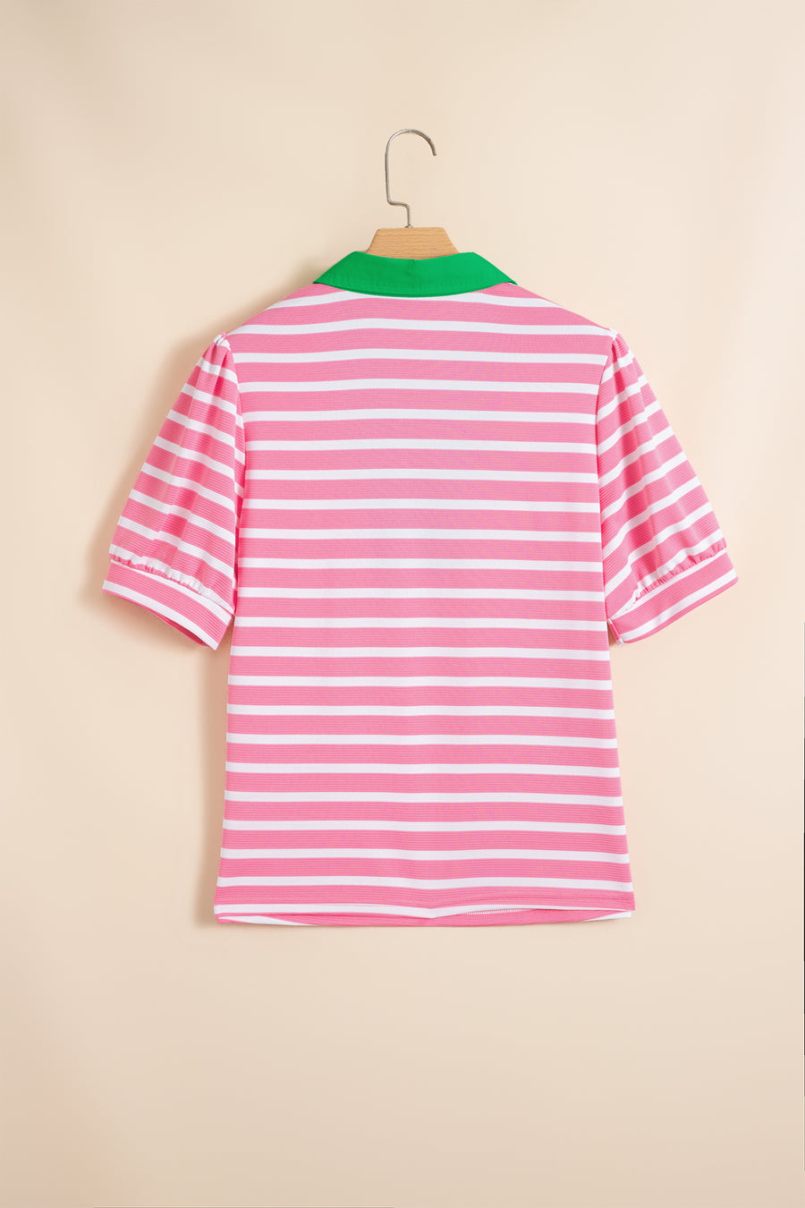 Striped Puff Sleeve Colour Block Polo Collar Blouse Women UK
