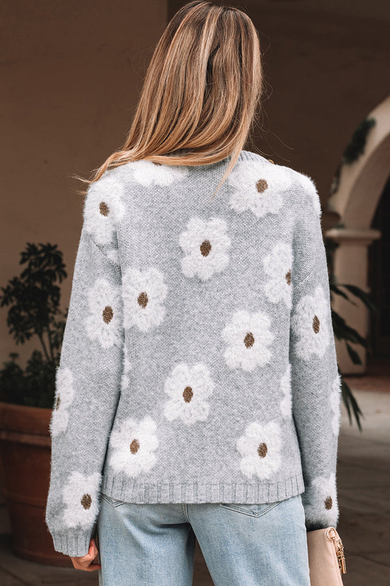 Oversized Grey Floral Knit Jumper – V‑Neck