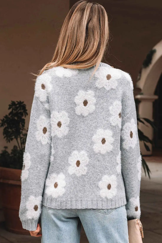 Oversized grey floral knit jumper – v‑neck sweaters