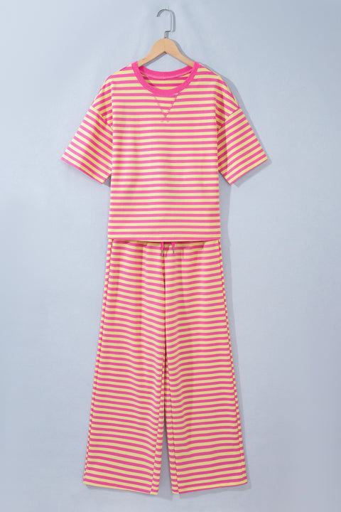 Pink Stripe Colourblock Crew Neck Tee & Drawstring Pant Set