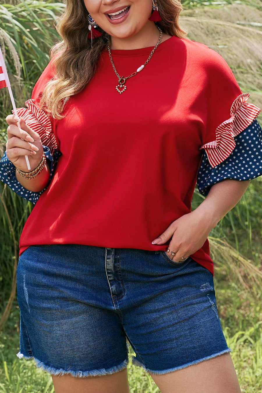 Striped Ruffle Star Bubble Sleeve Patchwork Plus Size Top Women UK