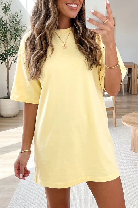 Yellow eyelet lace sleeve mini dress front view — Fashionfitz UK