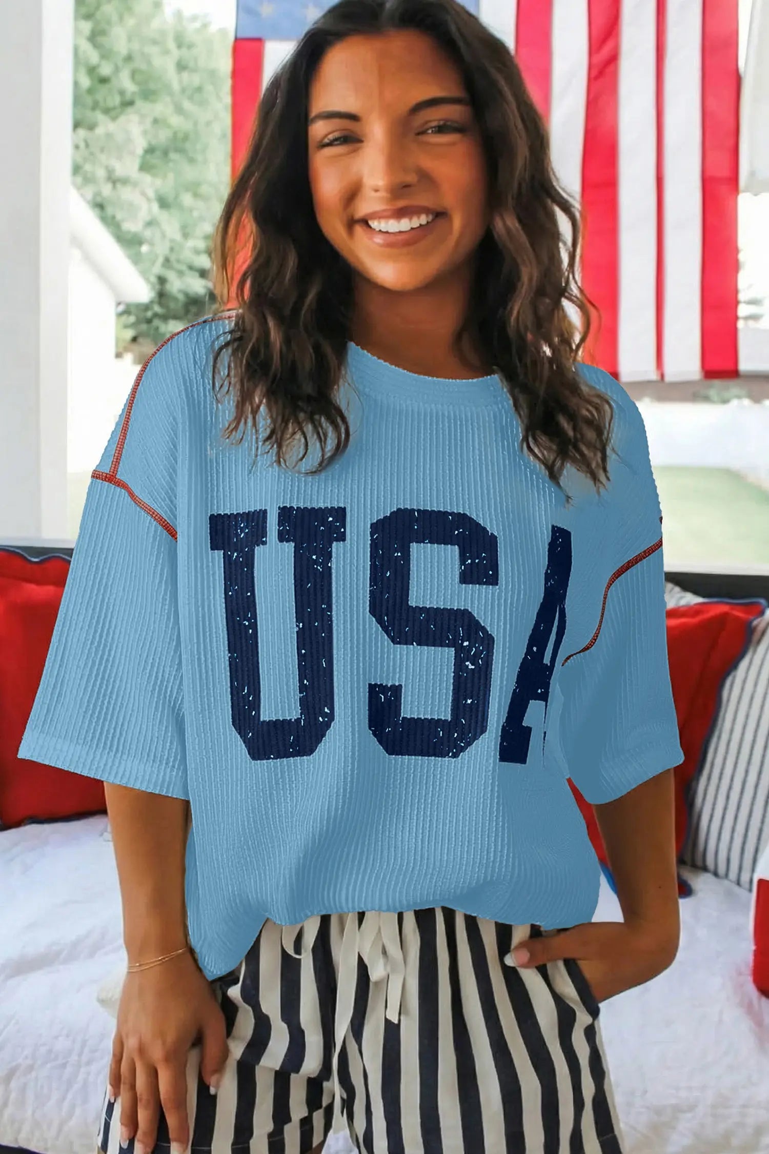 Usa graphic ribbed half sleeve loose top round neck tunic length tunics