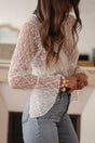 White Sheer Lace Bell Sleeve Mock Neck Blouse Women UK — front view showing delicate sheer lace fabric and dramatic bell sleeves — Fashionfitz