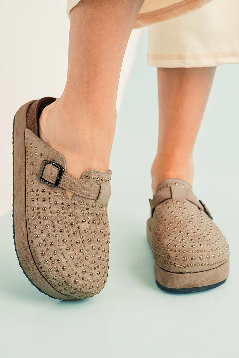 Parchment rivet buckle closed toe platform slippers
