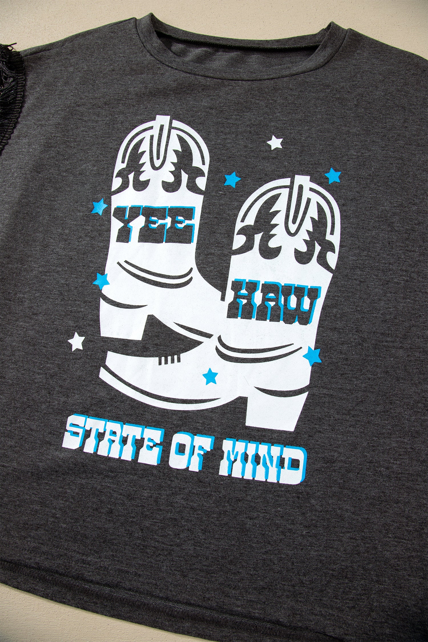 YEE HAW Boots State of Mind Western Graphic Fringe Sleeve T-Shirt