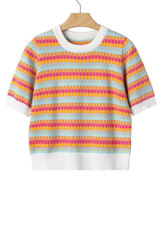Abstract striped knit short sleeve sweater sweaters