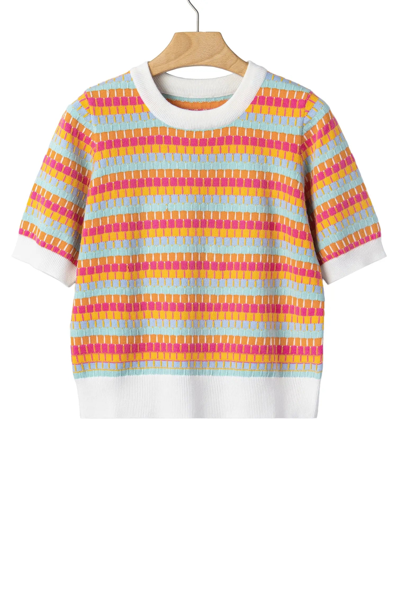 Abstract striped knit short sleeve sweater sweaters