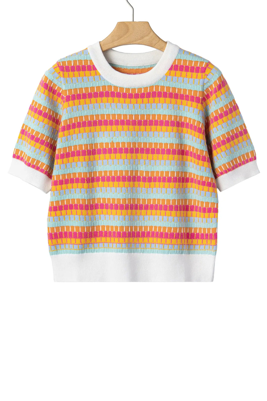 Abstract striped knit short sleeve sweater sweaters