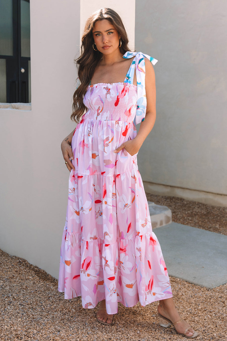 Pink Floral Knotted Shoulder Smocked Maxi Dress Women UK