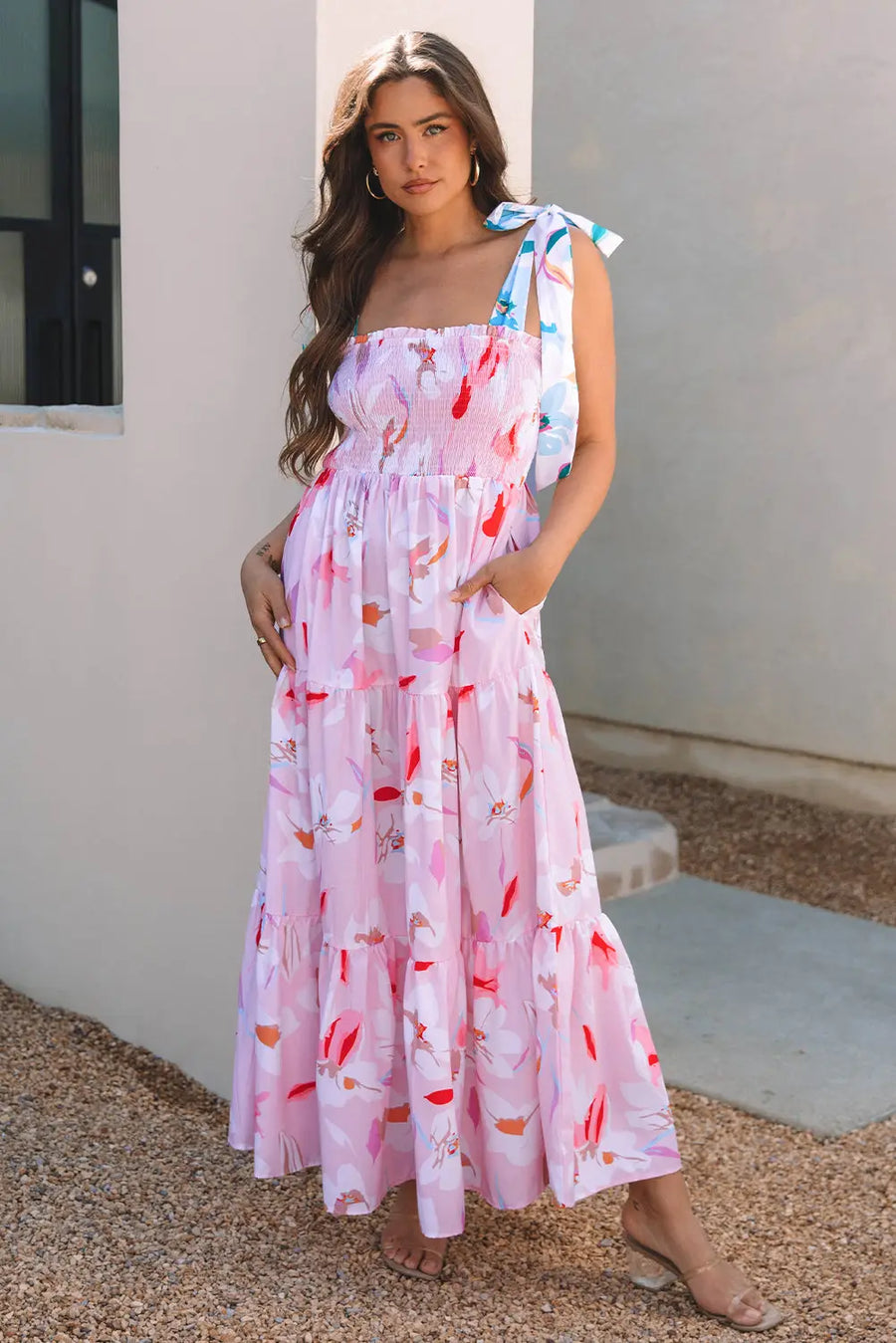 Pink Floral Knotted Shoulder Smocked Maxi Dress Women UK — side view