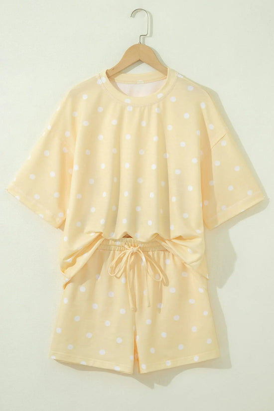 Polka Dot Exposed Seam Loose Tee Drawstring Shorts Two-Piece Set