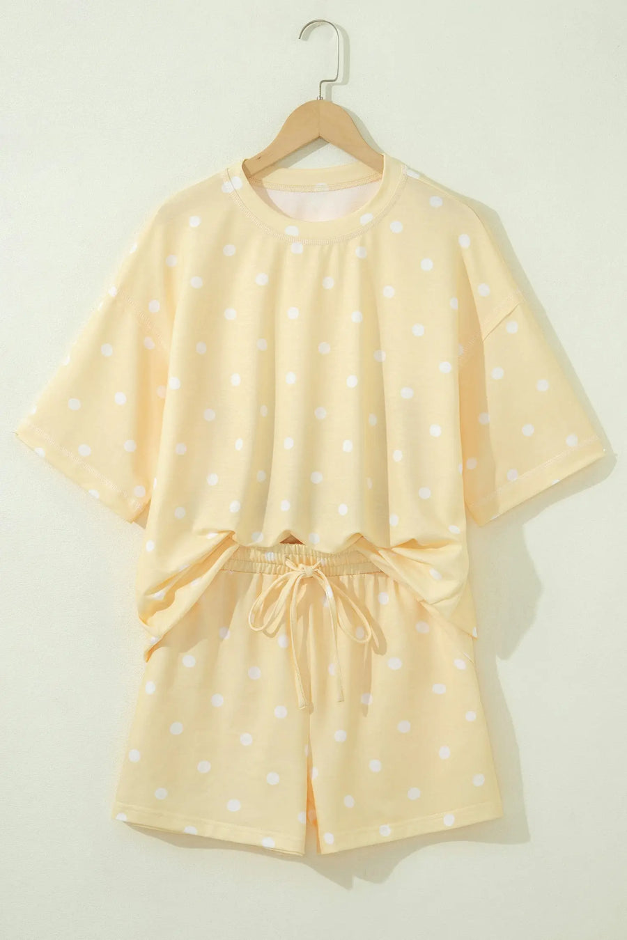 Polka Dot Exposed Seam Loose Tee Drawstring Shorts Two-Piece Set