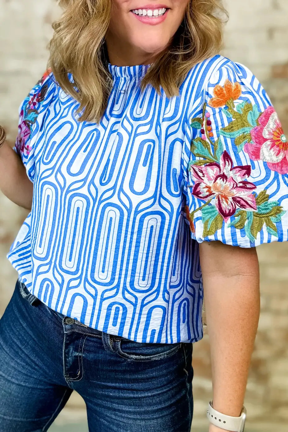 Geometric Print Floral Embroidered Puff Sleeve Blouse