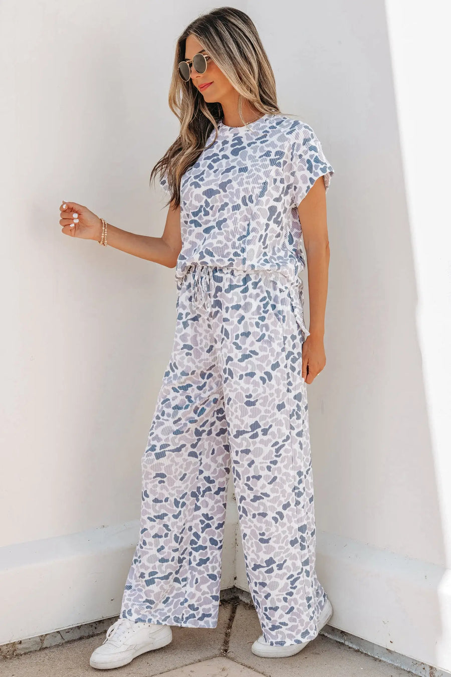Camo twisted rib tee drawstring pants set short sleeve beige outfit sets