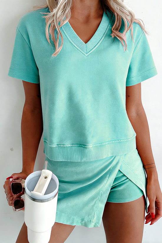 Mineral Wash V-Neck Tee Skort Set Two Piece Co-Ord High Waist Split Mini