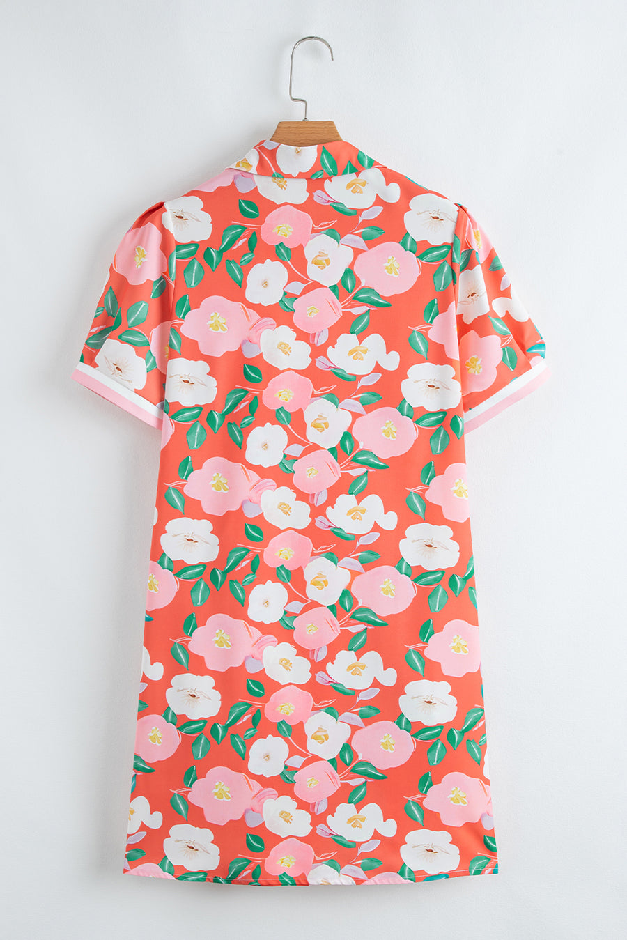 Salmon Floral Contrast Striped Polo Collar T-Shirt Dress Women UK