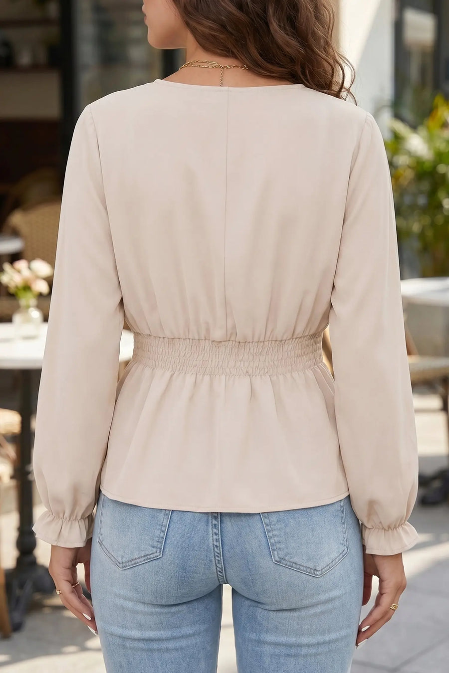 Oatmeal V-neck smocked waist elegant blouse back view — Fashionfitz UK