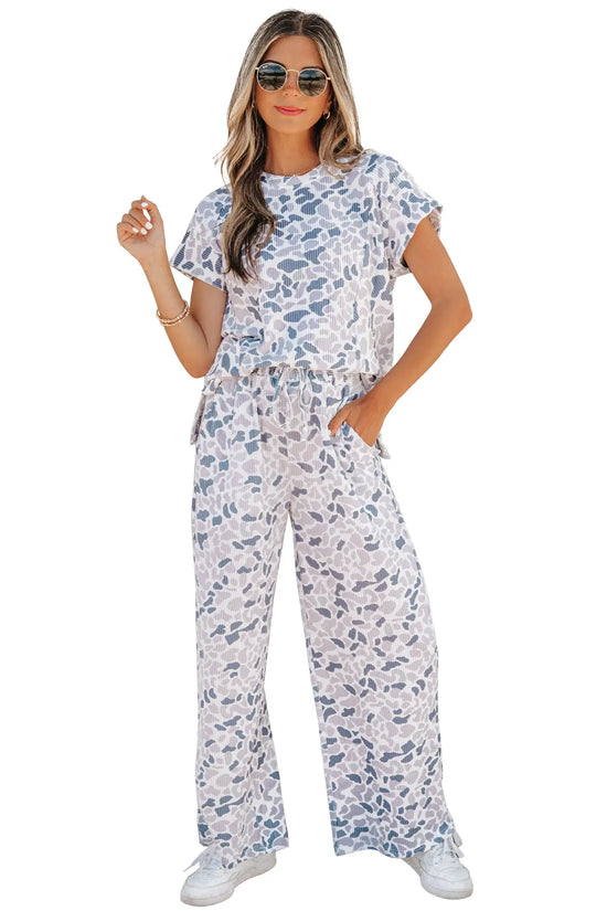 Camo twisted rib tee drawstring pants set short sleeve beige outfit sets