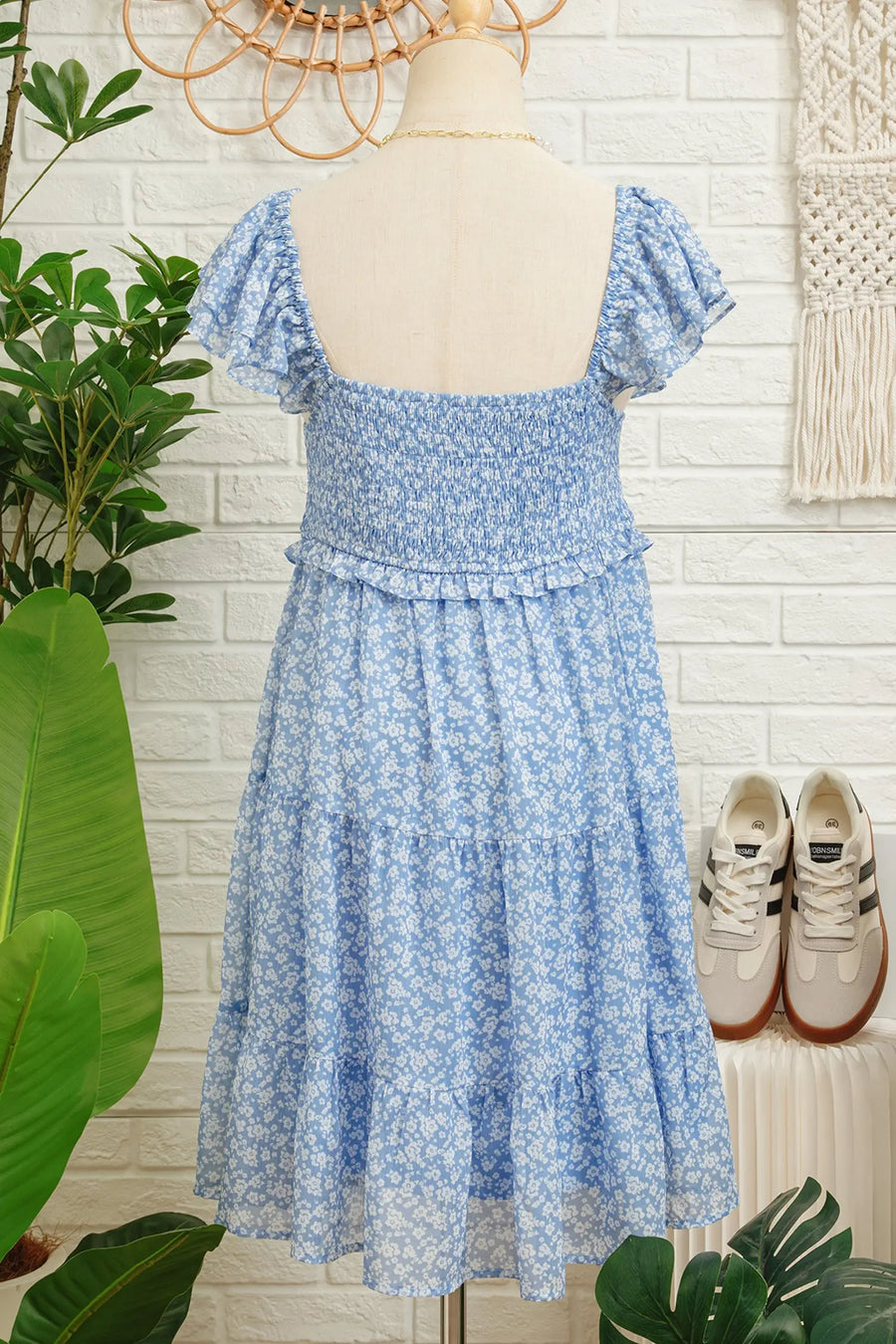 Sky Blue Floral Square Neck Smocked Tiered Mini Dress Women UK — side view