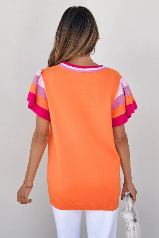 KnitT-Shirt - Turquoise Contrast Flutter Sleeves Sweater - Fashionfitz