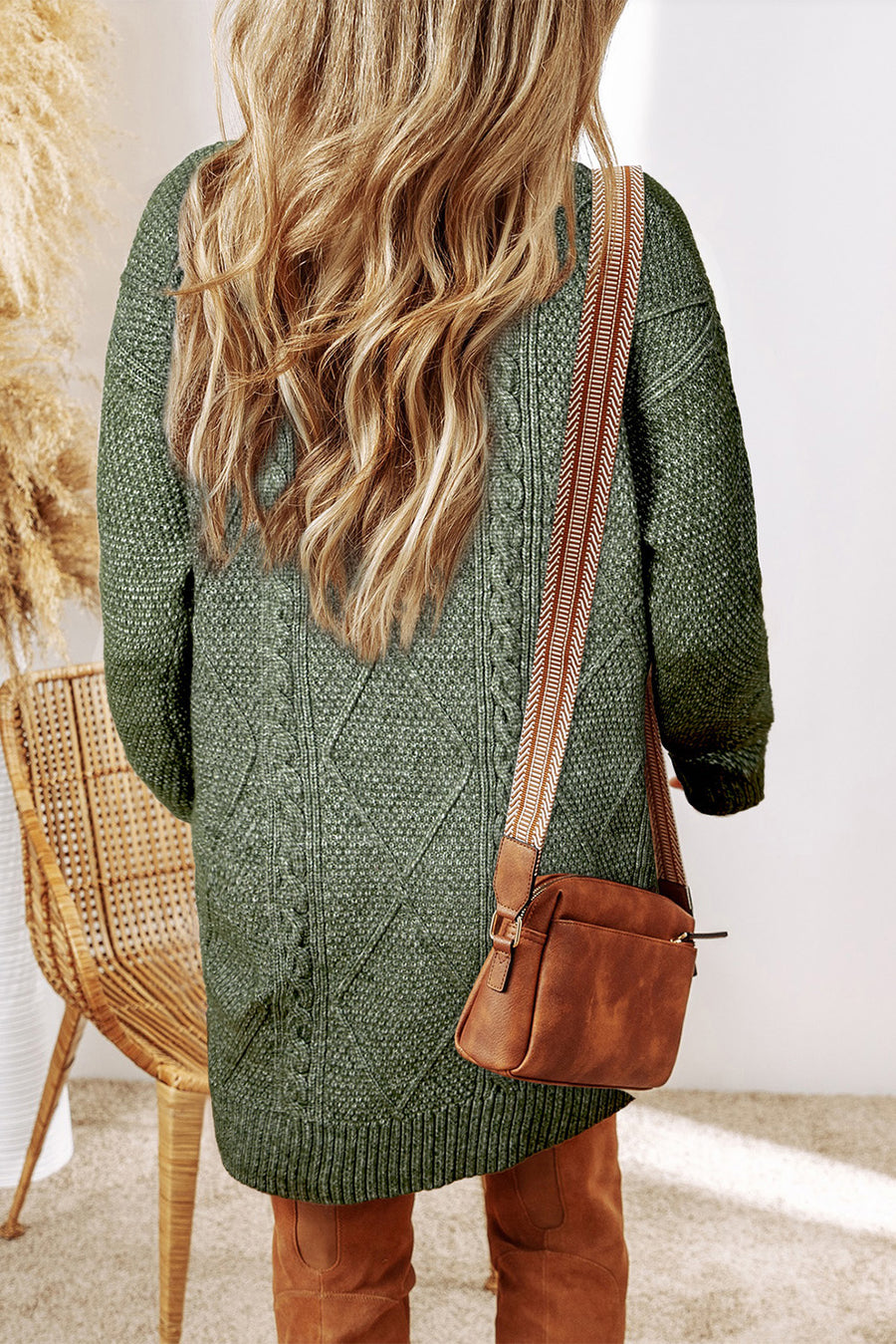 Mist Green Cable Knit Drop Shoulder Loose Fit Jumper Dress UK