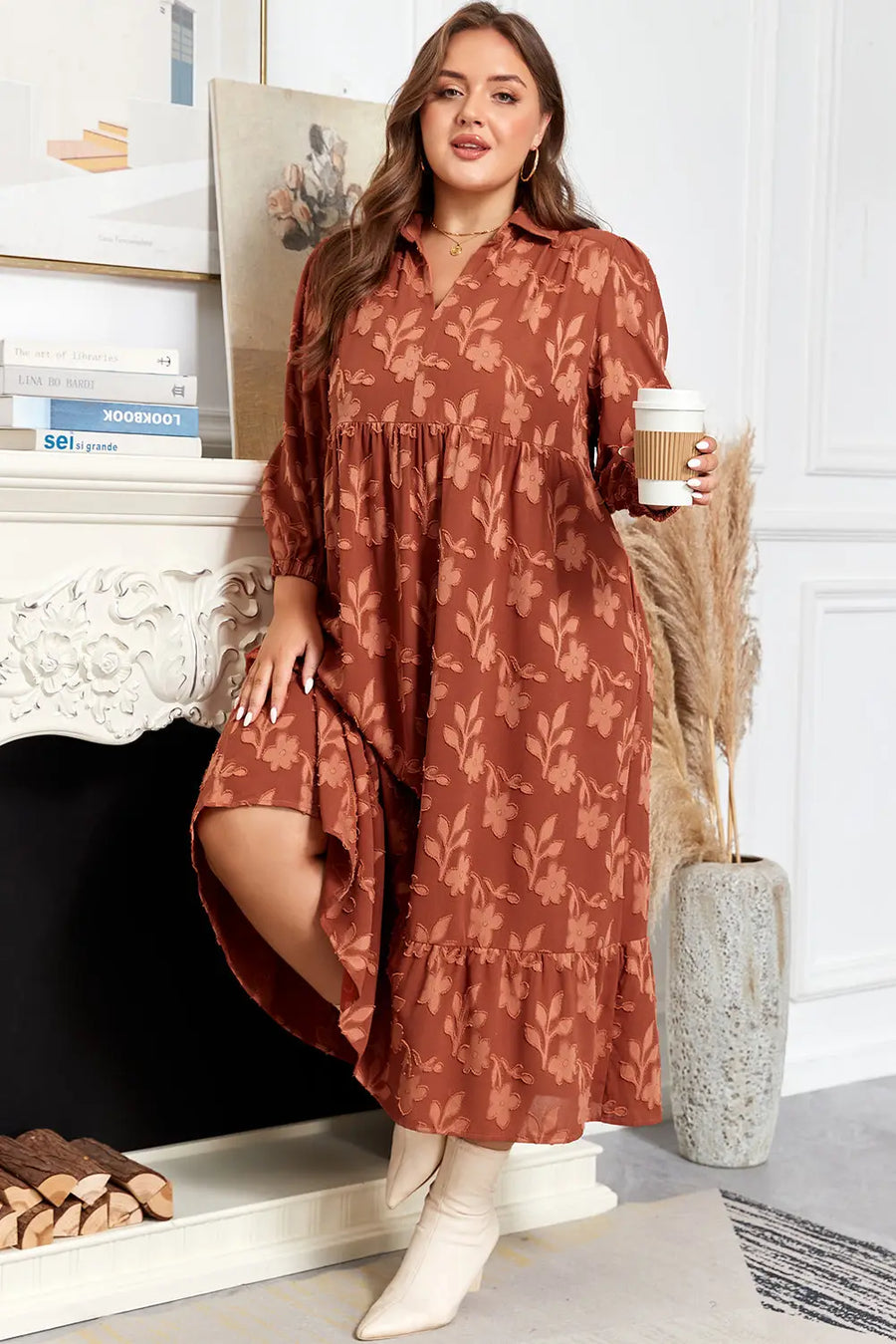 Cinnamon Plus Size 3D Flower Ruffle Hem 3/4 Sleeve Long Dress Women UK